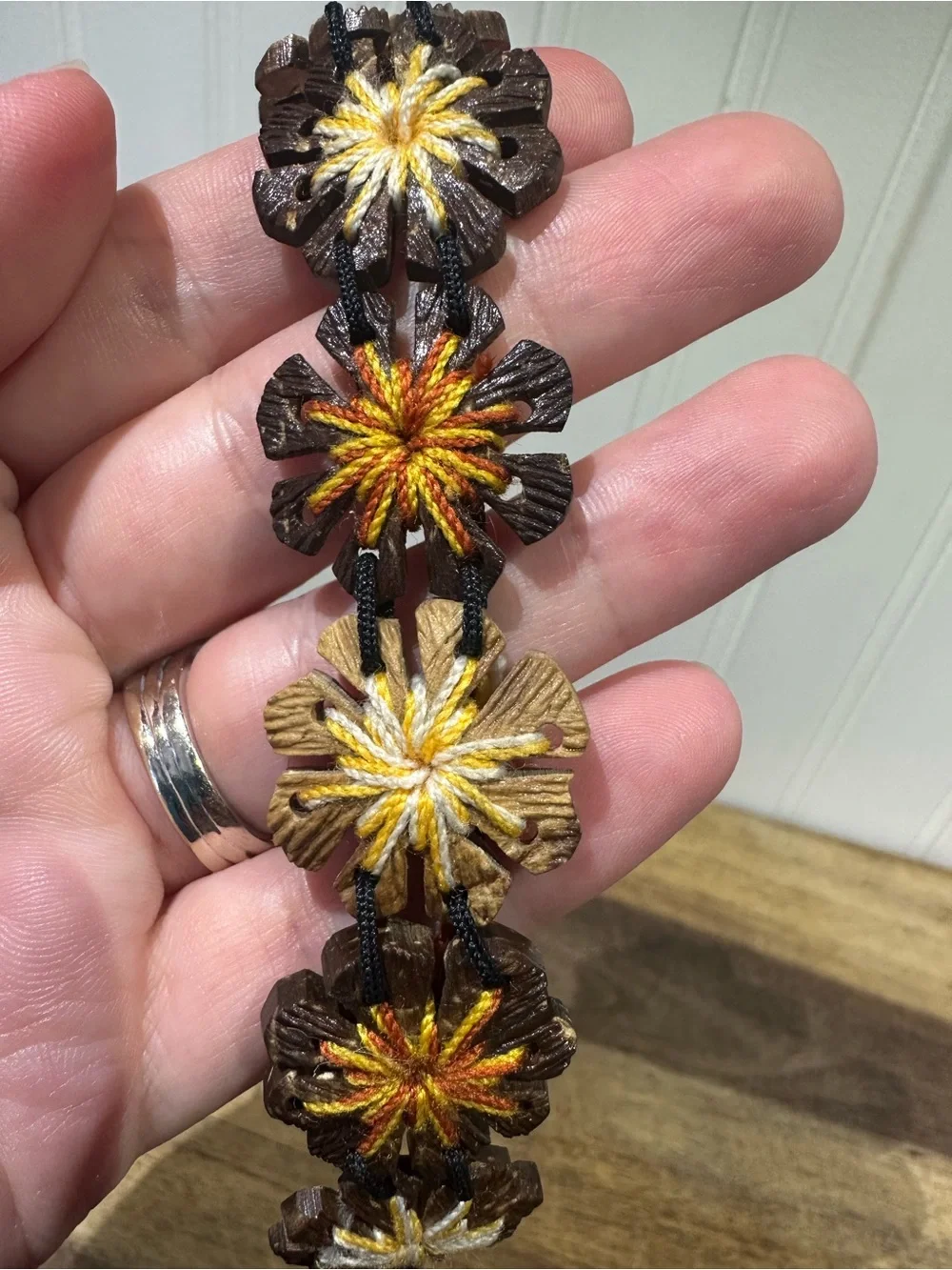 Handmade Floral Leather Bracelet in Brown with Yellow & Cream Embroidery